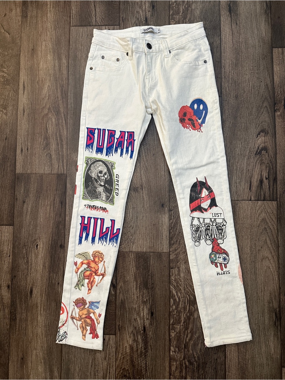 Sugarhill  Art Graphics 7 Sins Streetwear Denim Jeans Pants Men’s Size 28 White